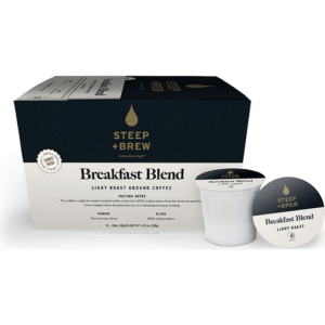 box of breakfast blend k cups with 2 cups to the side
